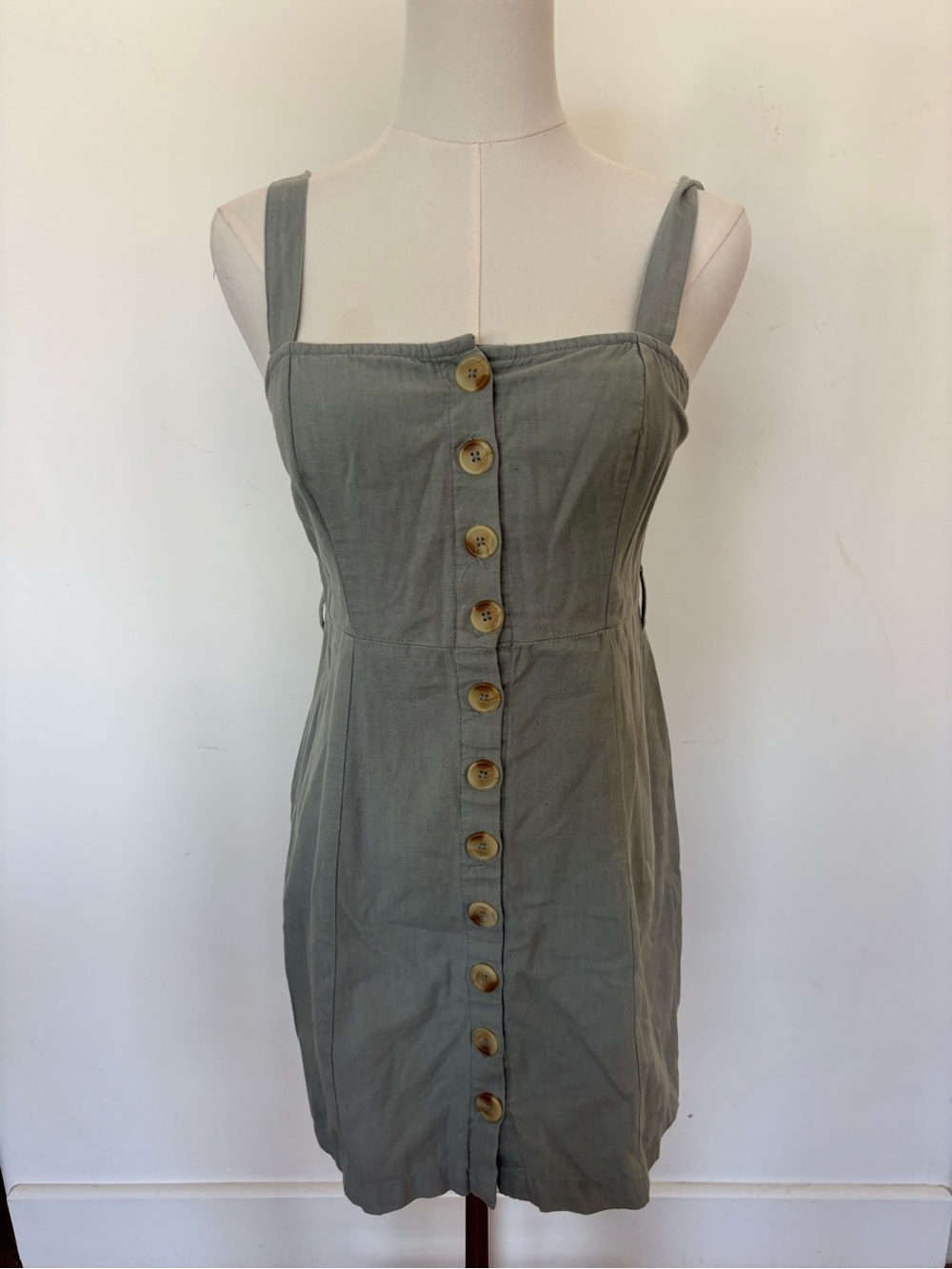 Button-Front Olive Mini Dress with Wide Straps